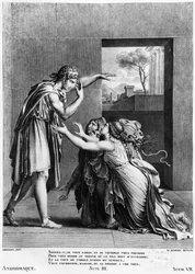 Andromache zu Füßen von Pyrrhus, Illustration aus Akt III Szene 7 von 