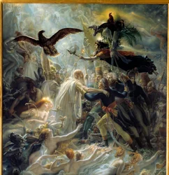 Apotheose der französischen Helden, die während des Freiheitskrieges für das Vaterland starben, Hommage an Napoleon Bonaparte, Allegorie, die den Barden Ossian, schottischen Dichter des 3. Jahrhunderts, darstellt, gelesen von Napoleon, der Louis Charles An