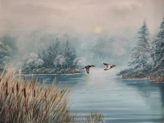 Enten über dem Wintersee