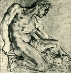 Ein sitzender Ignudo mit einem Kranz