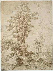 Landschaft mit schlafendem Mann unter Baum (recto); Landschaft mit Reiter (verso)