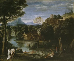 Landschaft mit Fluss und Badenden