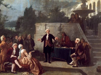Der italienische Dramatiker Carlo Goldoni (1707-1793) deklamiert ein Sonett vor den Mitgliedern der Colonia Alfea im Scotto-Garten von Pisa