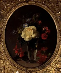 Stillleben mit einer gelben Rose, Reseda und Fuchsien