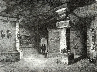 Eine Galerie der Katakomben in Paris im 19. Jahrhundert. Gravur. Private Sammlung