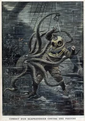 Ein riesiger Oktopus überwältigt fast den amerikanischen Taucher Martin Lund - Ein riesiger Oktopus greift den amerikanischen Taucher Martin Lund an - Kampf eines Tauchers gegen einen Oktopus - „The Petit Journal“
