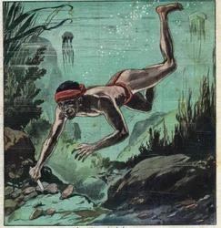 Ein Perlentaucher riskiert sein Leben in den tropischen Meeren von Ceylon und Polynesien, um elegante Damen mit Halsketten und Schmuck zu versorgen. Illustration aus „Le Petite Journal“ vom 11.03.1923. Private Sammlung.