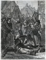 Eine Szene aus der Zeit der Französischen Revolution: Theobald de Dillon (1745-1792) und ein Genieoffizier namens Berthois wurden von den Soldaten und der Bevölkerung von Lille massakriert, die sie des Verrats beschuldigten. Stich von 1866 aus "Histoire