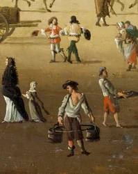 Ein Wasserträger hebt zwei Eimer auf der Pont Neuf in Paris im 17. Jahrhundert (Detail)