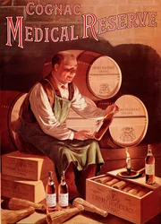 Werbeplakat für den Cognac Fromy, Rogee und Cie: medizinische Reserve. Ein Mann in seinem Weinkeller betrachtet eine Flasche Cognac mit Vergnügen. Anonyme Illustration. Anfang 20. Jahrhundert Privatsammlung