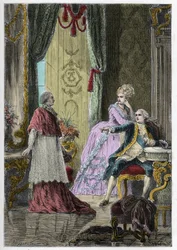 Halsbandaffäre der Königin (1785-1786): Kardinal Louis René Édouard de Rohan (1734-1803) vor König Ludwig XVI. (1754-1793) und Königin Marie-Antoinette (1755-1793)