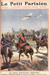 Luftmilitärpost: wie Leutnant Georges Bellenger (1878-1977) seinen Bericht an General Meunier sendete. In der Zeitung „Le Petit Parisien“ am 02.10.1910 (Gravur)