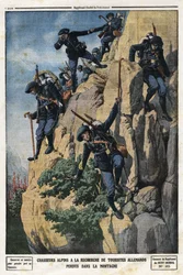 Alpenjäger suchen nach verlorenen deutschen Touristen. Sie wollten zum Berg Nero (Helm du Nero) im Chartreuse-Massiv. Gravur in „Le Petit Journal“, am 07.07.1912. Private Sammlung.