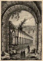 Ehemaliger Kreuzgang des Klosters der Cordeliers oder des Heiligen Franziskus von Quimper (Finistere) - Gravur in "PATRIE - BESCHREIBUNG DER MALERISCHEN FRANKREICH IN 6 BÄNDEN VON LUCIEN HUARD - Ende des 19. Jahrhunderts"