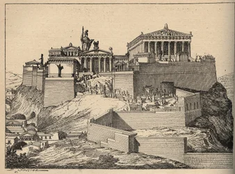 Das antike Griechenland: der Parthenon, Tempel der Athene, auf dem Hügel der Akropolis von Athen, Stich von 1890