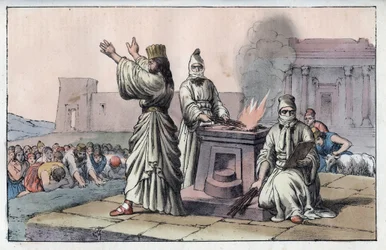 Alte persische Zivilisation: Magier, offizielle Priester und Jünger von Zarathustra (Alter Orient, Perser: Magier) - Gravur aus „Usi e Costumi di Tutti i Popoli dell
