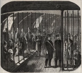 Ankunft der Truppen während des Konvois von Toulon nach Cayenne (Guyana) gemäß dem Dekret vom 8. Dezember 1851. Gravur in „Histoire des bagnes depuis leur création à nos jours“ (1877) von Pierre Zaccone (1817-1895)