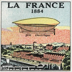 Ballons: das Luftschiff „La France“ im Jahr 1884 mit der von den Franzosen Renard und Krebs erfundenen elektrischen Batterie. Anonyme Illustration von 1925. Private Sammlung.