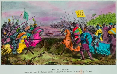 Schlacht von Auray am 29. September 1364. Letzte Schlacht der Erbfolgekriege in der Bretagne zwischen einer anglo-bretonischen Armee und den Truppen von Johann IV. von Bretagne (Johann III. von Montfort, Jean Le Conquereur oder Le Vaillant)