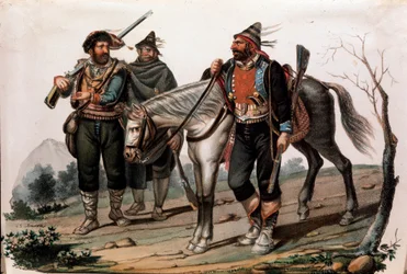 Räuberwesen in Kalabrien, Italien. Gravur des 19. Jahrhunderts, Privatsammlung