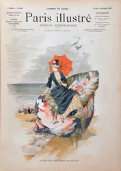 Am Meer, Allegorie von Habert Dys. Elegante Frau mit einem Regenschirm, die auf einer riesigen Muschel sitzt und am Strand posiert. Gravur von 1887 in „Paris-Illustrous journal weekly“.