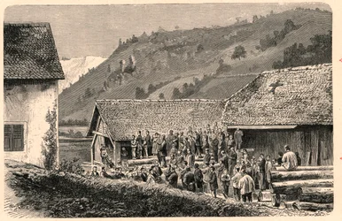 Feier des katholischen Gottesdienstes in Saint-Ursanne in der Schweiz im Jahr 1874, nach einer Fotografie. Gravur in „Les Missions Catholiques au XIXème Siècle“ von Louis-Eugène Louvet. Private Sammlung.