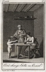 Ceres verwandelt Stellion in eine Eidechse. Gravur von 1819 in „Lettres à Emilie sur la mythologie“ von Charles Albert Demoustier (1760-1801). Private Sammlung.