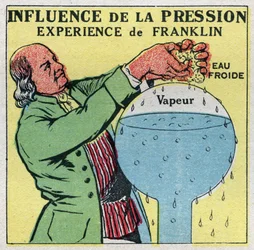Zustandsänderungen: Einfluss des Drucks. Franklins Siedepunkt, Benjamin Franklins Experiment (1706-1790), um zu beweisen, dass Wasser bei weniger als 100 Grad kochen kann. Anonyme Illustration von 1925. Private Sammlung.