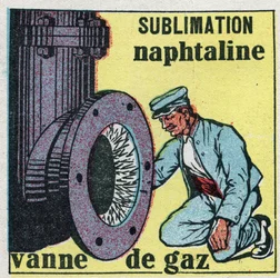 Zustandsänderungen: Sublimation. Naphthalinablagerung verstopft ein Gasventil. Anonyme Illustration von 1925. Private Sammlung.