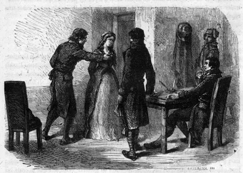 Charlotte Corday (1768-1793) verhört von François Chabot (1756-1794) - Gravur in „Histoire des Girondins“ von Alphonse de Lamartine (1790-1869) 1865-1866. Private Sammlung