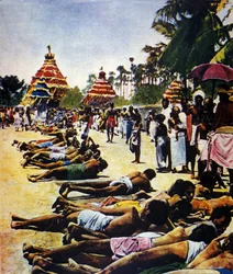 Woche des zivilen Ungehorsams in Indien gegen das Britische Empire: Demonstration unter der Führung des politischen Anführers Mohandas Karamchand Gandhi (1869-1948) in Jalaipur im Jahr 1931. Illustration aus „Il mattino illustrato“, 1931
