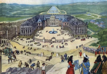Bau des Schlosses von Versailles im Jahr 1678 nach den Plänen von Jules Hardouin-Mansart im Vordergrund König Ludwig XIV.
