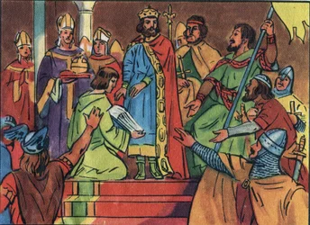 Krönung von Hugo Capet (941-996) in Noyon im Jahr 987 durch Adalbero (ca. 925-990), Erzbischof von Reims. Diese Krönung markierte den Beginn der Dynastie der Kapetinger, Könige von Frankreich, die 8 Jahre lang direkt oder indirekt regierten. Anonyme