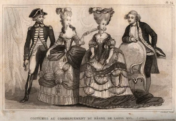 Kostüme zu Beginn der Herrschaft von Ludwig XVI. (1775). Gravur von 1859 in „Le Monde. Geschichte aller Völker von den frühesten Zeiten bis zur Gegenwart“ von M. E. de Lostalot-Bachoue. Private Sammlung