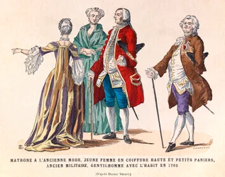 Kostüme einer alten modischen Matrone, einer jungen Frau mit hoher Frisur und kleinen Körben, eines ehemaligen Militärs und eines Herrn im Anzug 1762 (Herrschaft von König Ludwig XV.) - private Sammlung