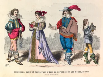 Kostüme von Herren, Dame und Page vor der Mode-Reform in Paris 1633 - Privatsammlung