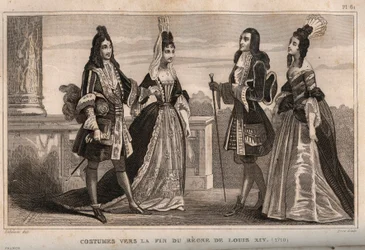 Kostüme gegen Ende der Herrschaft von König Ludwig XIV. (1710). Gravur von 1859 in „Le Monde. Geschichte aller Völker von den frühesten Zeiten bis zur Gegenwart“. von M. E. de Lostalot-Bachoue. Private Sammlung.