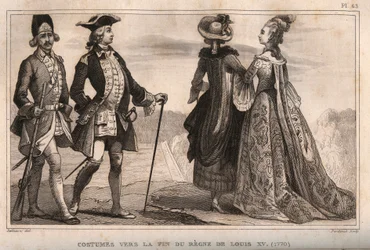 Kostüme gegen Ende der Herrschaft von König Ludwig XV. (1770). Gravur von 1859 in „Le Monde. Geschichte aller Völker von den frühesten Zeiten bis zur Gegenwart“ von M. E. de Lostalot-Bachoue. Private Sammlung.