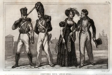 Kostüme unter Louis XVIII. Gravur von 1859 in „Le Monde. Geschichte aller Völker von den frühesten Zeiten bis zur Gegenwart“. von M. E. de Lostalot-Bachoue. Private Sammlung.