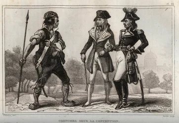 Kostüme unter der Konvention. Gravur von 1859 in „Le Monde. Geschichte aller Völker von den frühesten Zeiten bis zur Gegenwart“ von M. E. de Lostalot-Bachoue. Private Sammlung.