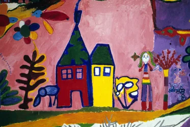 Zeichnung von Kindern der Rousse-Kreuz-Schule, die Vögel, ein Mädchen und ein Haus darstellen. Saint Brieuc, Saint-Brieuc.