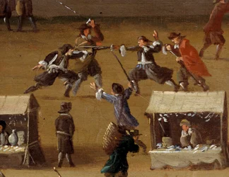 Duellszene auf der Pont Neuf in Paris im 17. Jahrhundert (Detail)