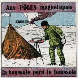 Terrestrischer Magnetismus: an magnetischen Polen verliert der Kompass die Orientierung. Wissenschaftler James Clark Ross (1800-1862) benutzt einen Kompass während seiner wissenschaftlichen Expedition in die Antarktis. Hinter ihm der Erebus-Vulkan, den er 