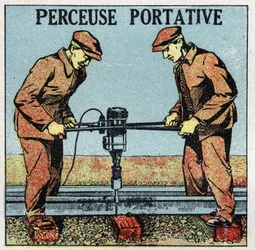 Elektrische Werkzeuge: tragbare Bohrmaschine. Anonyme Illustration von 1925. Private Sammlung.