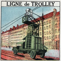 Elektrische Straßenbahnen: eine Oberleitung. Anonyme Illustration von 1925. Private Sammlung.