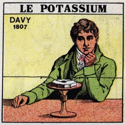Elektrochemie: Zersetzung von Pottasche (Kalium) und Soda durch Sir Humphry Davy (1778-1829) im Jahr 1807. Anonyme Illustration von 1925. Private Sammlung.
