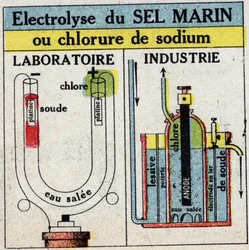 Elektrochemie: Elektrolyse von Meersalz oder Natriumchlorid. Anonyme Illustration von 1925. Private Sammlung.