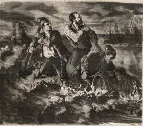 Flucht aus dem Bagne von Belle-Île-en-Mer im 19. Jahrhundert. Gravur in „Histoire des bagnes depuis leur création à nos jours“ (1877) von Pierre Zaccone.