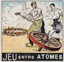 Äther (Material): Spiel zwischen Atomen. Wagenbauer machen ein Rad. Anonyme Illustration von 1925. Private Sammlung.