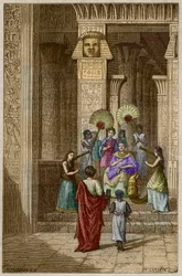 Euklid präsentiert Ptolemaios I. Soter sein Werk über die Elemente der Geometrie - Gravur in „Vie des savants illustres“